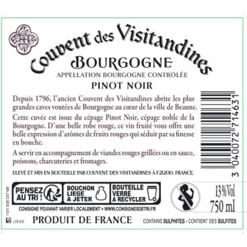 Couvent des Visitandines, 2020 - Bourgogne Pinot Noir AOP - Rouge - 75 cl Coupon 🔥 Couvent des Visitandines, 2020 - Bourgogne Pinot Noir AOP - Rouge - 75 cl 🤩 -Boissons Soldes 2024 3040072714631 2