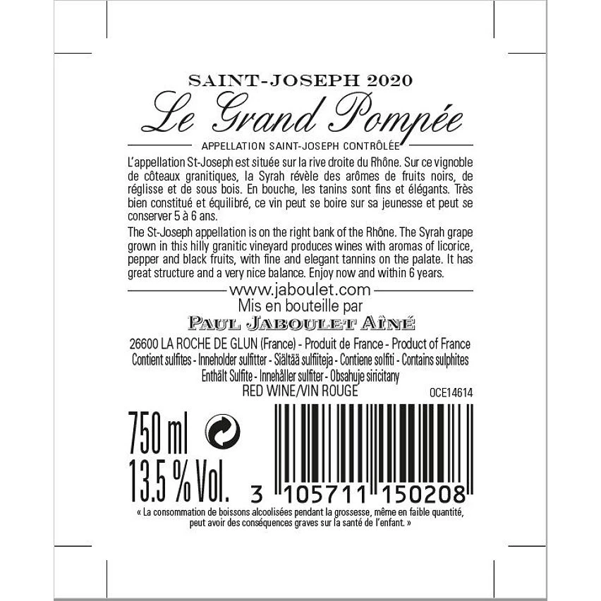 Paul Jaboulet Aîné Le Grand Pompée, 2020 - Saint-Joseph AOP - Rouge - 75 cl Budget ❤️ Paul Jaboulet Aîné Le Grand Pompée, 2020 - Saint-Joseph AOP - Rouge - 75 cl 👏 -Boissons Soldes 2024 3105711150208 2