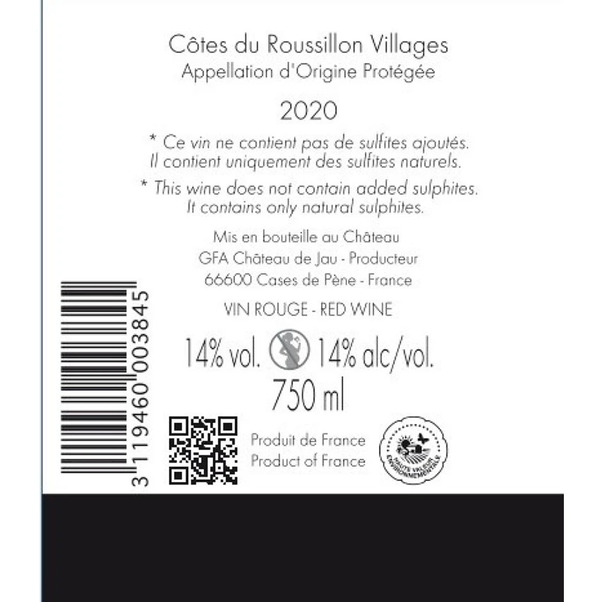 Château de Jau sans sulfites ajoutés, 2020 - Côtes-du-Roussillon-Villages AOP - Rouge - 75 cl Remise 😍 Château de Jau sans sulfites ajoutés, 2020 - Côtes-du-Roussillon-Villages AOP - Rouge - 75 cl 😉 -Boissons Soldes 2024 3119460003845 2
