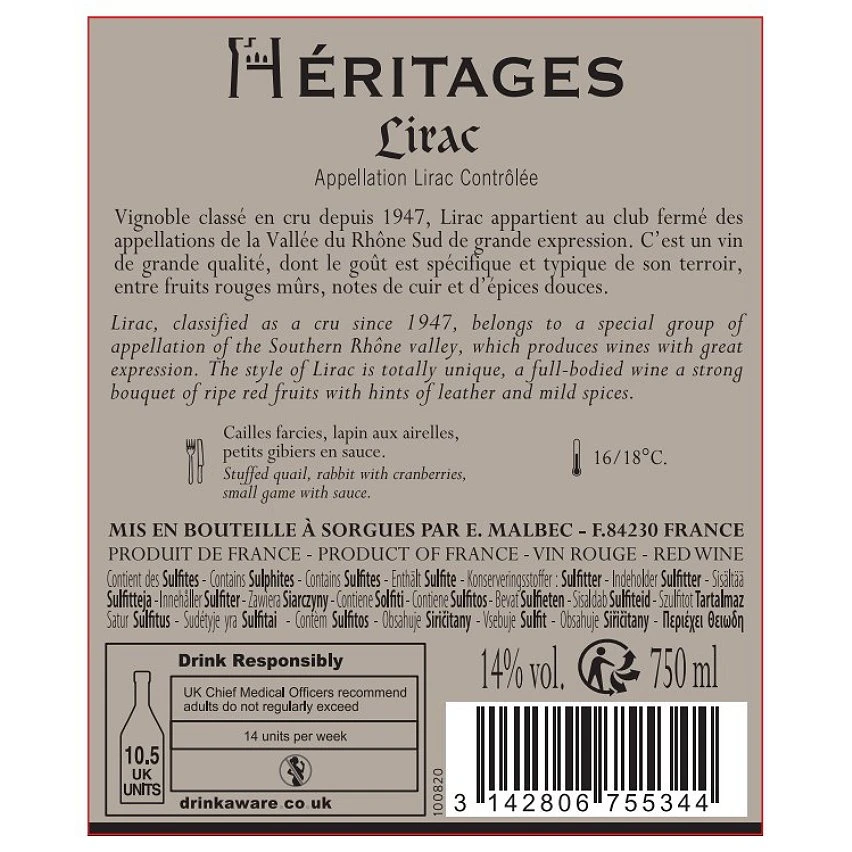 Héritages, 2020 - Lirac AOP - Rouge - 75 cl Les meilleures critiques de ✨ Héritages, 2020 - Lirac AOP - Rouge - 75 cl 😍 -Boissons Soldes 2024 3142806755344 2