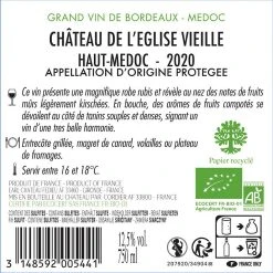 Offres ⭐ Château de l'Eglise Vieille BIO, 2020 - Haut-Médoc AOP - Rouge - 75 cl 🎁 -Boissons Soldes 2024 3148592005441 2