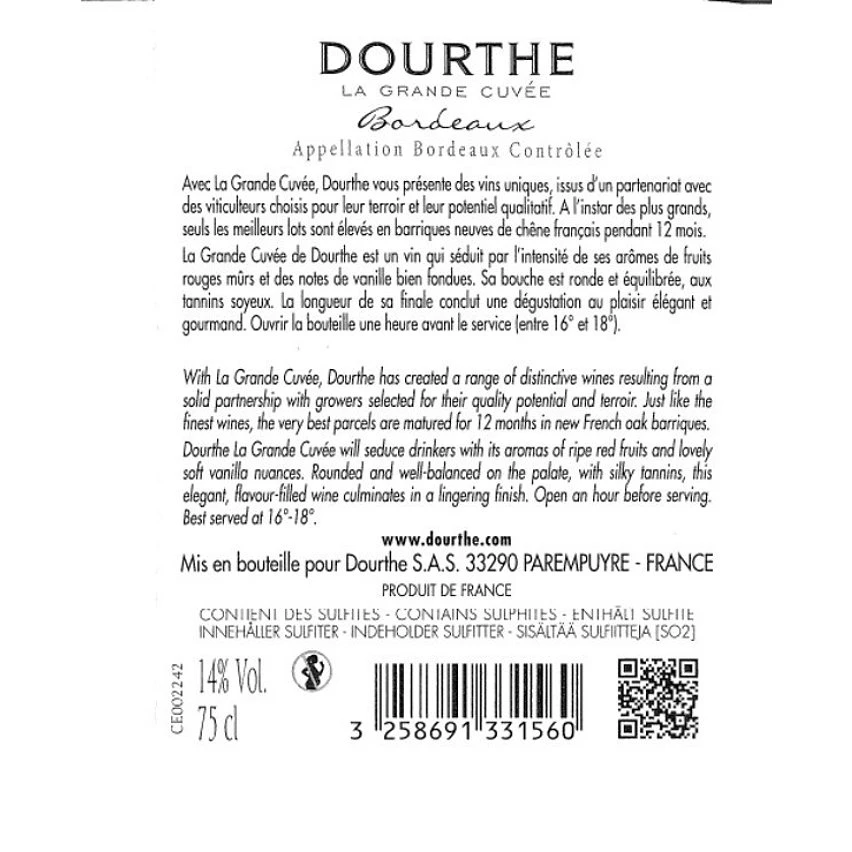 Dourthe La Grande Cuvée, 2019 - Bordeaux AOP - Rouge - 75 cl - étiquette abîmée Offres 🎉 Dourthe La Grande Cuvée, 2019 - Bordeaux AOP - Rouge - 75 cl - étiquette abîmée 🧨 -Boissons Soldes 2024 3258691331560 2
