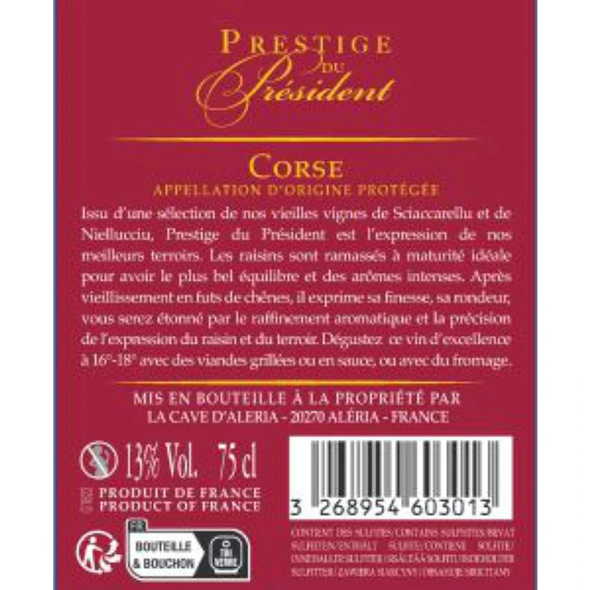 Prestige du Président, 2019 - AOP Corse - Rouge - 75cl Acheter 🛒 Prestige du Président, 2019 - AOP Corse - Rouge - 75cl 🎁 -Boissons Soldes 2024 3268954603013 2