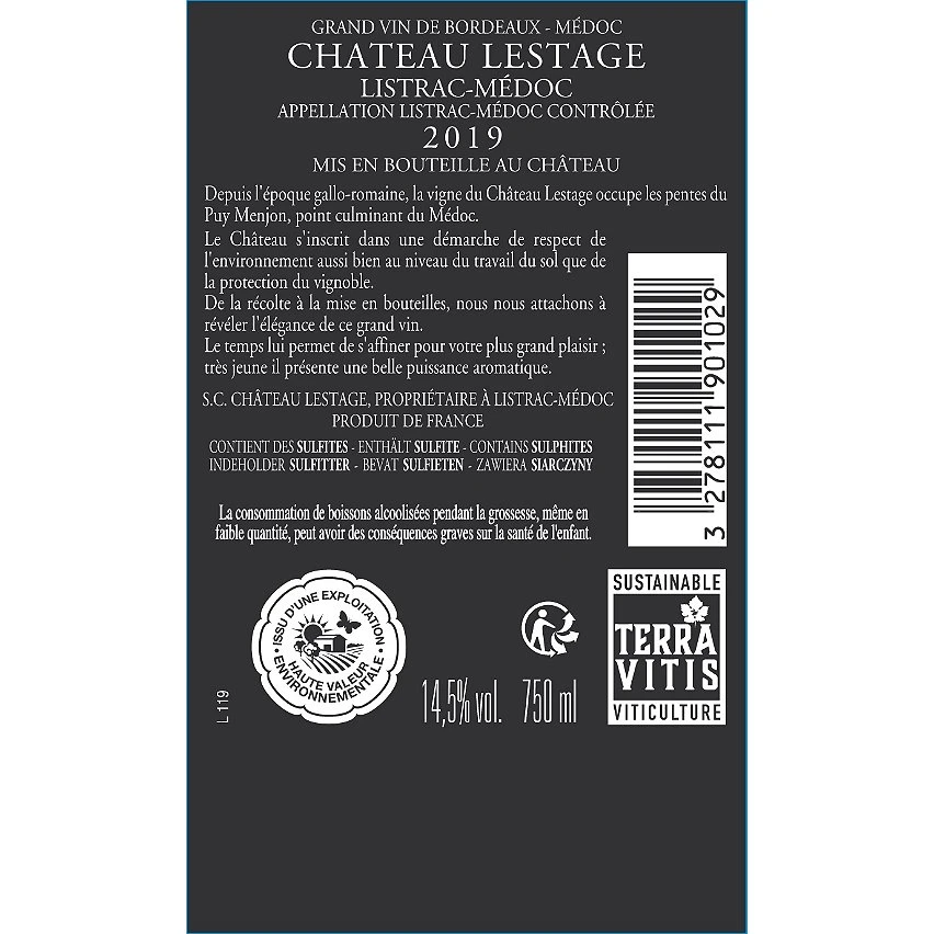 Château Lestage, 2019 - Listrac-Médoc AOP - Rouge - 75 cl Bon marché ❤️ Château Lestage, 2019 - Listrac-Médoc AOP - Rouge - 75 cl 🥰 -Boissons Soldes 2024 3278111901029 2