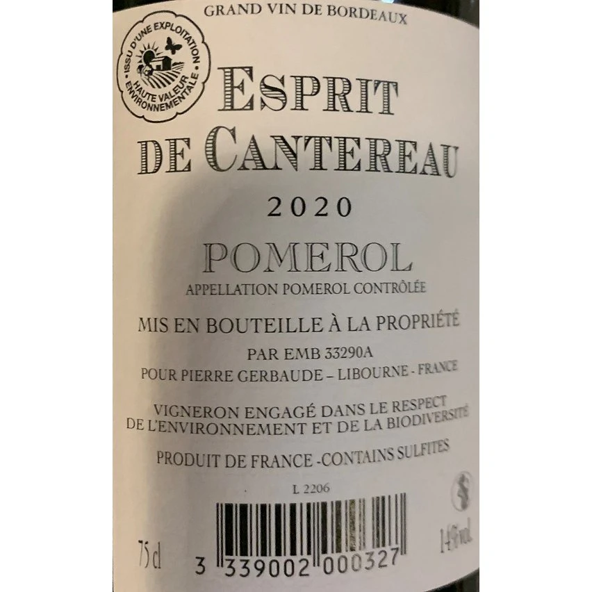 Esprit De Cantereau, 2020 - Pomerol AOP - Rouge - 75 cl Remise 🔔 Esprit De Cantereau, 2020 - Pomerol AOP - Rouge - 75 cl 🔥 -Boissons Soldes 2024 3339002000327 2
