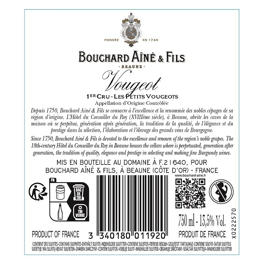 Bouchard Aîné & Fils, 2018 - Vougeot 1er Cru AOP - Rouge - 75 cl Budget 😀 Bouchard Aîné & Fils, 2018 - Vougeot 1er Cru AOP - Rouge - 75 cl 👏 -Boissons Soldes 2024 3340180011920 2