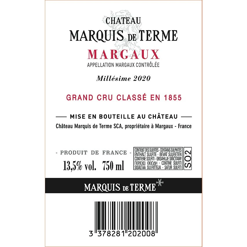 Château Marquis de Terme, 2020 - Margaux AOP - Rouge - 75 cl Budget 😍 Château Marquis de Terme, 2020 - Margaux AOP - Rouge - 75 cl ✨ -Boissons Soldes 2024 3378281202008 2