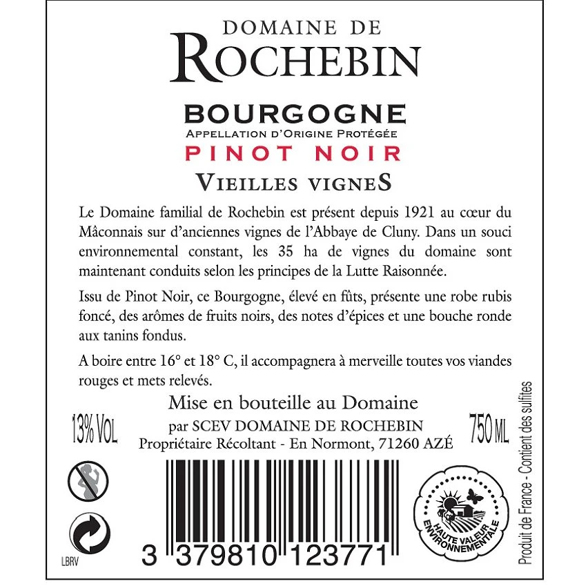 Domaine de Rochebin Vieilles Vignes, 2019 - Bourgogne Pinot Noir AOP - Rouge - 75 cl Acheter ⭐ Domaine de Rochebin Vieilles Vignes, 2019 - Bourgogne Pinot Noir AOP - Rouge - 75 cl 👍 -Boissons Soldes 2024 3379810123771 2