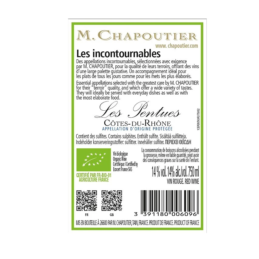 M. Chapoutier Les Pentues BIO, 2021 - Côtes du Rhône AOP - Rouge - 75 cl Acheter 🛒 M. Chapoutier Les Pentues BIO, 2021 - Côtes du Rhône AOP - Rouge - 75 cl ✨ -Boissons Soldes 2024 3391180006096 2