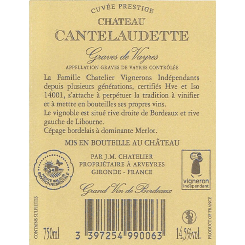 Château Cantelaudette Prestige, 2019 - Graves de vayres AOC - Rouge - 75 cl Remise ⭐ Château Cantelaudette Prestige, 2019 - Graves de vayres AOC - Rouge - 75 cl ✨ -Boissons Soldes 2024 3397254990063 2