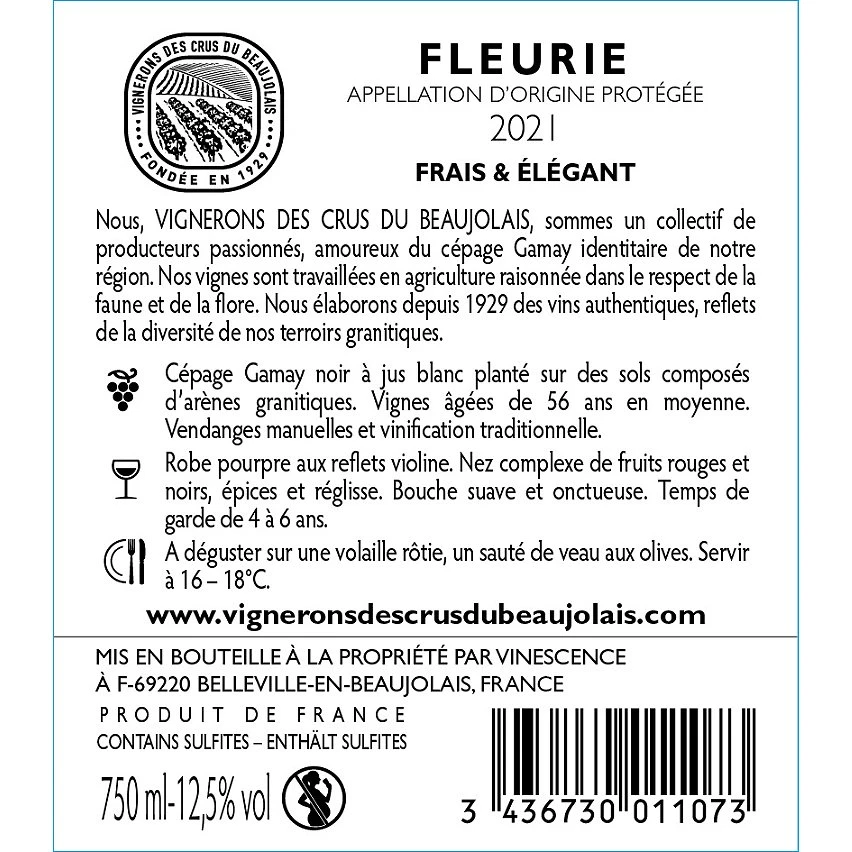 Vignerons des Crus du Beaujolais La Côte Sableuse, 2021 - Fleurie AOP - Rouge - 75 cl Offres 🧨 Vignerons des Crus du Beaujolais La Côte Sableuse, 2021 - Fleurie AOP - Rouge - 75 cl 👏 -Boissons Soldes 2024 3436730011073 2