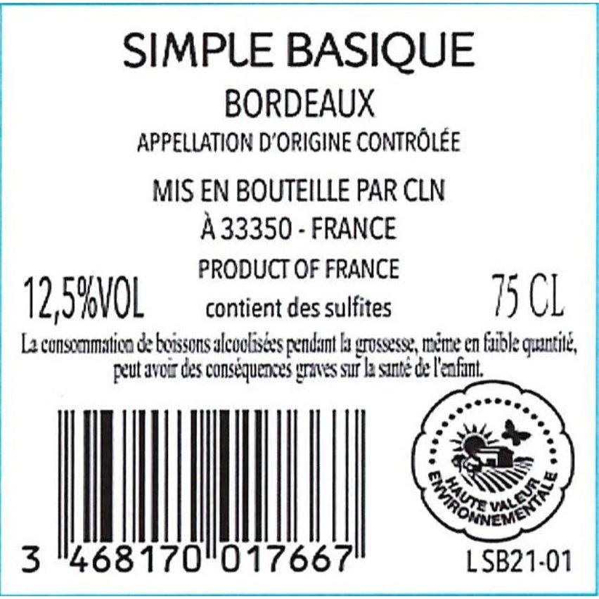 Simple Basique, 2021 - Bordeaux AOP - Rouge - 75 cl Grosses soldes 🧨 Simple Basique, 2021 - Bordeaux AOP - Rouge - 75 cl 🥰 -Boissons Soldes 2024 3468170017667 2