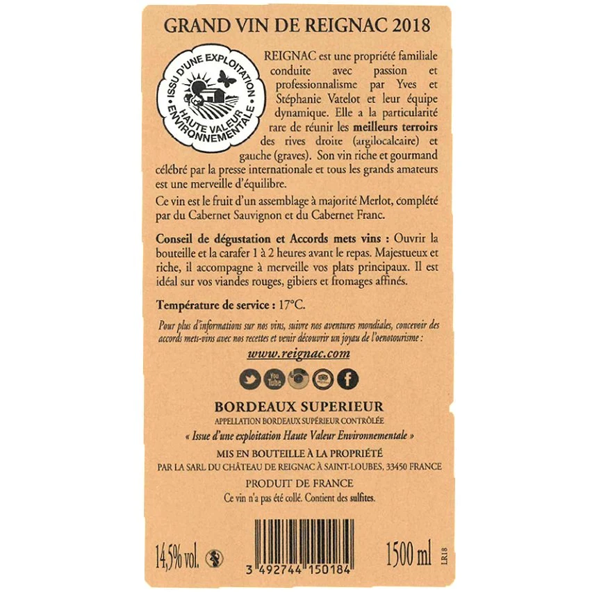 Magnum Grand Vin De Reignac, 2018 - Bordeaux Supérieur AOP - Rouge - 1.5 L Tout neuf 🌟 Magnum Grand Vin De Reignac, 2018 - Bordeaux Supérieur AOP - Rouge - 1.5 L ⌛ -Boissons Soldes 2024 3492744150184 2