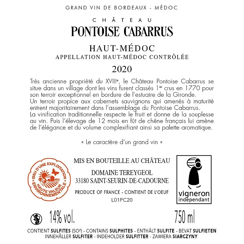 Château Pontoise Cabarrus, 2020 - Haut-Médoc AOP - Rouge - 75 cl Meilleure vente 🥰 Château Pontoise Cabarrus, 2020 - Haut-Médoc AOP - Rouge - 75 cl ⭐ -Boissons Soldes 2024 3495230220996 2