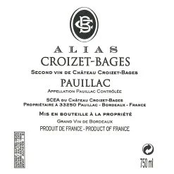 Offres 👏 "Alias" Croizet-Bages, 2020 - Pauillac AOP - Rouge - 75 cl ⭐ -Boissons Soldes 2024 3495230320122 2