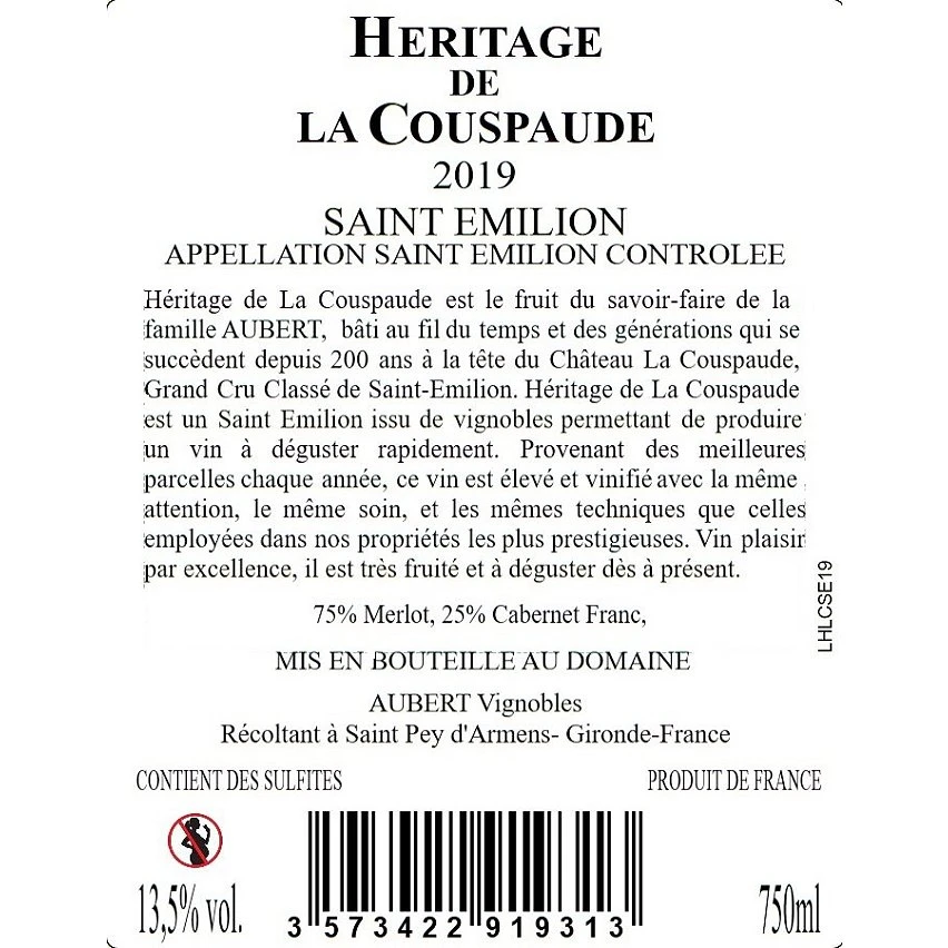 Héritage de la Couspaude, 2019 - Saint-Emilion AOP - Rouge - 75 cl Top 10 💯 Héritage de la Couspaude, 2019 - Saint-Emilion AOP - Rouge - 75 cl 🔔 -Boissons Soldes 2024 3573422919313 2