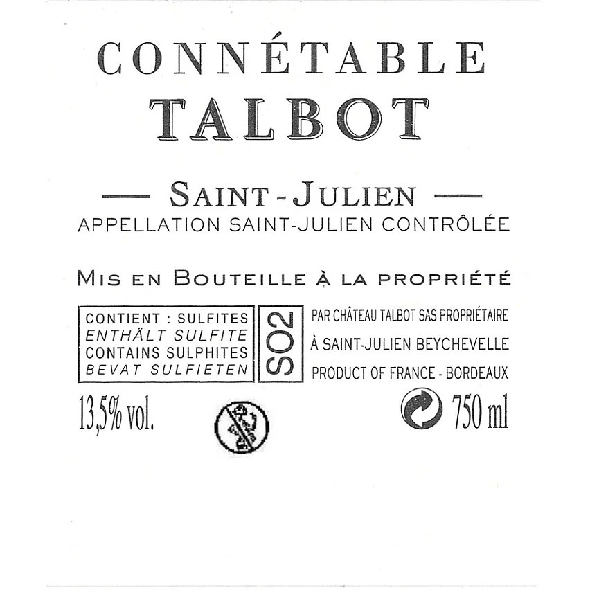 Connétable Talbot, 2020 - Saint-Julien AOP - Rouge - 75 cl Offres 🎁 Connétable Talbot, 2020 - Saint-Julien AOP - Rouge - 75 cl 😉 -Boissons Soldes 2024 3661419220204 2