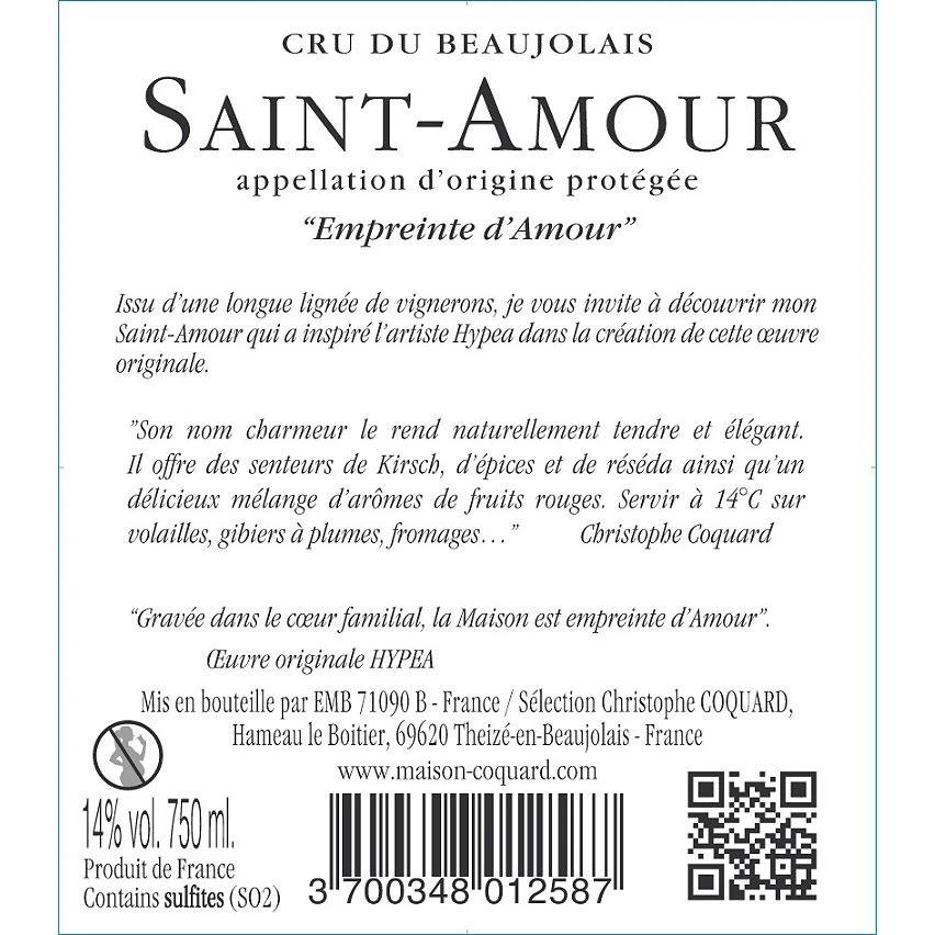 Christophe Coquard Les Cœurs de l'Amour, 2021 - Saint-Amour AOP - Rouge - 75 cl Meilleur prix 😉 Christophe Coquard Les Cœurs de l'Amour, 2021 - Saint-Amour AOP - Rouge - 75 cl 🛒 -Boissons Soldes 2024 3700348012587 2
