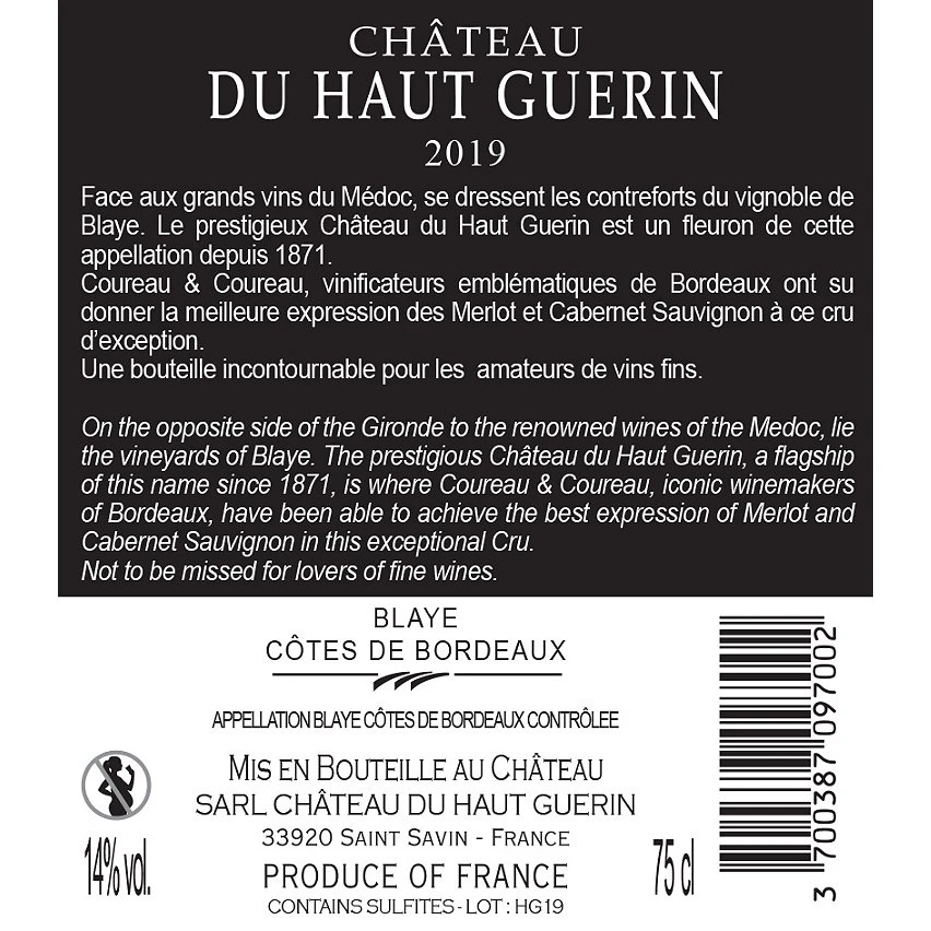 Château du Haut Guérin, 2019 - Côtes de Blaye AOP - Rouge - 75 cl Bon marché 🧨 Château du Haut Guérin, 2019 - Côtes de Blaye AOP - Rouge - 75 cl ⌛ -Boissons Soldes 2024 3700387097002 2