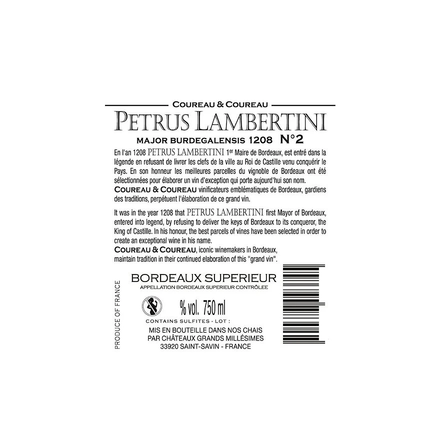 Petrus Lambertini N°2, 2020 - Bordeaux Supérieur AOP - Rouge - 75 cl Sortie 😍 Petrus Lambertini N°2, 2020 - Bordeaux Supérieur AOP - Rouge - 75 cl 😉 -Boissons Soldes 2024 3700387102980 2