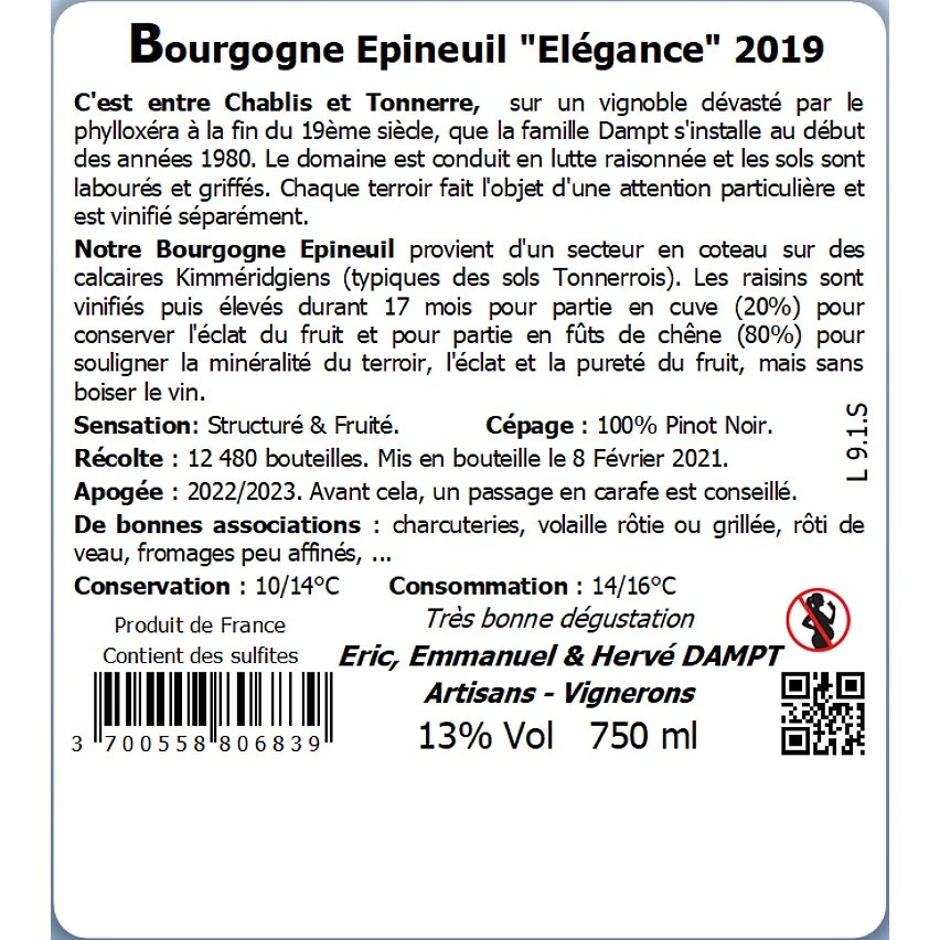 Vignoble Dampt Élégance, 2019 - Bourgogne Épineuil AOP - Rouge - 75 cl Grosses soldes 🧨 Vignoble Dampt Élégance, 2019 - Bourgogne Épineuil AOP - Rouge - 75 cl 😍 -Boissons Soldes 2024 3700558806839 2