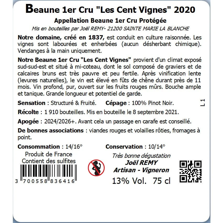 Les meilleures critiques de 🎉 Domaine Rémy & Fils "Les Cent Vignes", 2020 - Beaune 1er Cru AOP - Rouge - 75 cl 😉 4 Les meilleures critiques de 🎉 Domaine Rémy & Fils "Les Cent Vignes", 2020 - Beaune 1er Cru AOP - Rouge - 75 cl 😉 – Image 2