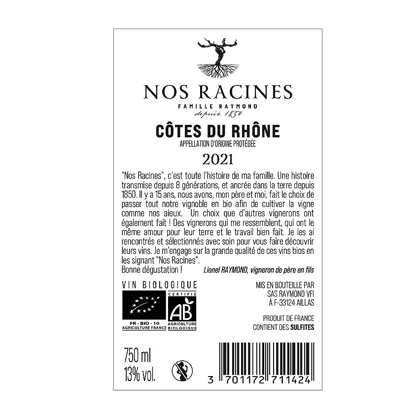 Nos Racines BIO, 2021 - Côtes du Rhône AOP - Rouge - 75 cl Le moins cher 🛒 Nos Racines BIO, 2021 - Côtes du Rhône AOP - Rouge - 75 cl 😍 -Boissons Soldes 2024 3701172711424 2