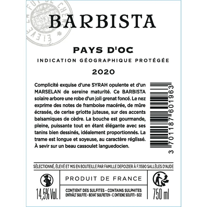 "Barbista" Famille Depoizier, 2020 - Pays d'Oc IGP - Rouge - 75 cl Remise ❤️ "Barbista" Famille Depoizier, 2020 - Pays d'Oc IGP - Rouge - 75 cl ❤️ -Boissons Soldes 2024 3701187601963 2