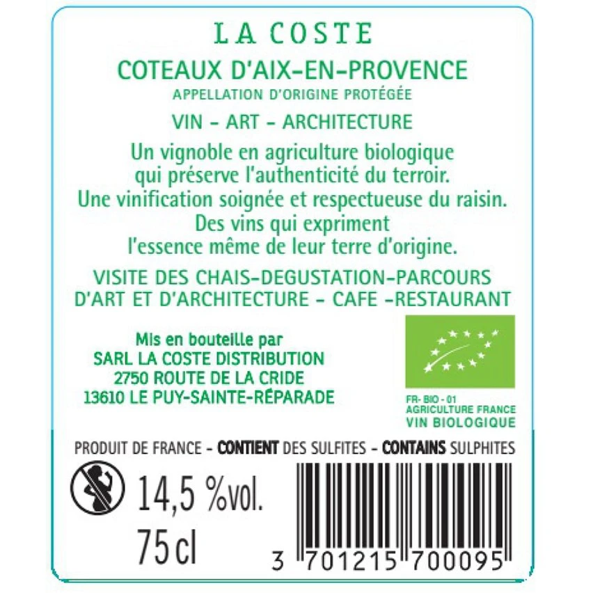 La Coste Le Rouge BIO, 2019 - Coteaux d'Aix en Provence AOP - Rouge - 75 cl Bon marché ⭐ La Coste Le Rouge BIO, 2019 - Coteaux d'Aix en Provence AOP - Rouge - 75 cl 🎁 -Boissons Soldes 2024 3701215700095 2