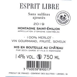 Grosses soldes 🥰 Esprit Libre, 2019 - Montagne-Saint-Emilion AOP - Rouge - 75 cl 👍 -Boissons Soldes 2024 3760038890017 2