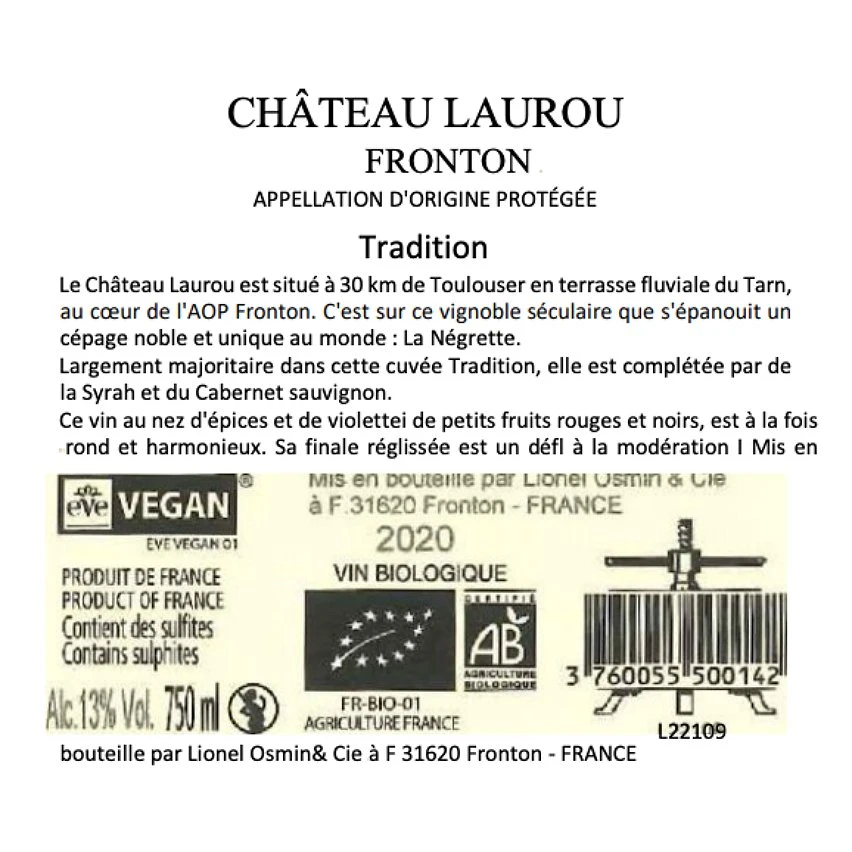 Château Laurou BIO, 2020 - Fronton AOP - Rouge - 75 cl Le moins cher 😉 Château Laurou BIO, 2020 - Fronton AOP - Rouge - 75 cl ❤️ -Boissons Soldes 2024 3760055500142 2
