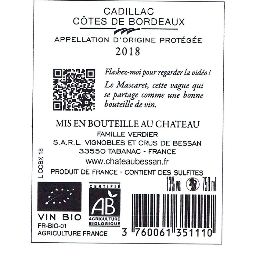 Château Bessan Cuvée du Mascaret BIO, 2018 - Cadillac Côtes de Bordeaux AOP - Rouge - 75 cl Acheter ⌛ Château Bessan Cuvée du Mascaret BIO, 2018 - Cadillac Côtes de Bordeaux AOP - Rouge - 75 cl 😉 -Boissons Soldes 2024 3760061351110 2