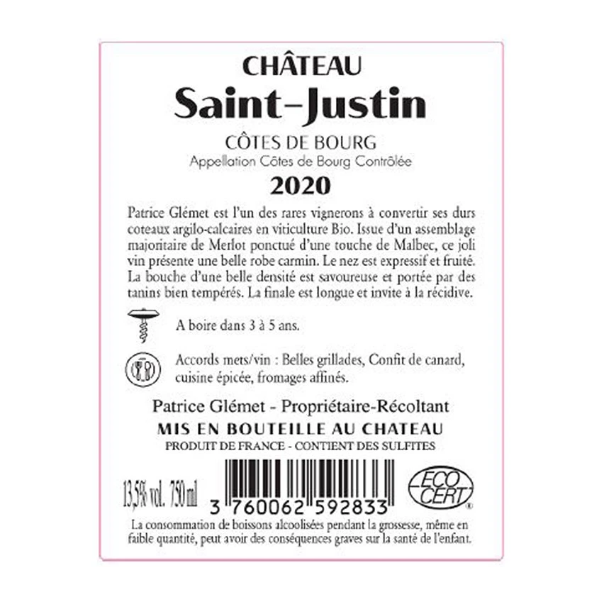 Château Saint-Justin, 2020 - Côtes de Bourg AOP - Rouge - 75 cl Top 10 ✔️ Château Saint-Justin, 2020 - Côtes de Bourg AOP - Rouge - 75 cl 🤩 -Boissons Soldes 2024 3760062592833 2