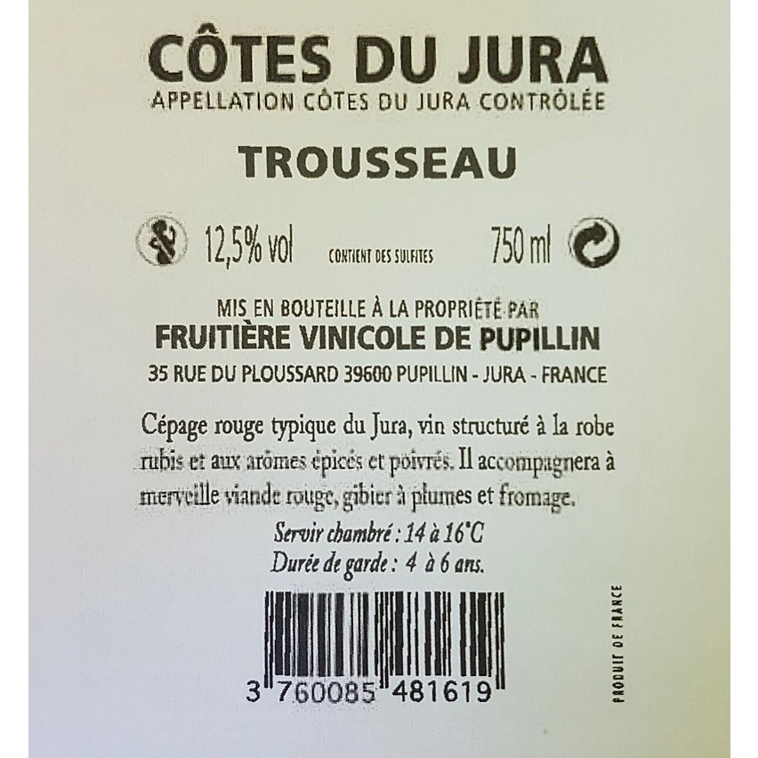 Fruitière Vinicole de Pupillin - Trousseau, 2019 - Côtes du Jura AOC - Rouge - 75 cl Meilleur prix 😉 Fruitière Vinicole de Pupillin - Trousseau, 2019 - Côtes du Jura AOC - Rouge - 75 cl 🎁 -Boissons Soldes 2024 3760085481619 2