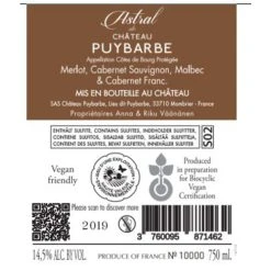Grosses soldes 😀 Astral de Château Puybarbe, 2019 - Côtes de Bourg AOP - Rouge - 75 cl ⭐ -Boissons Soldes 2024 3760095871462 2