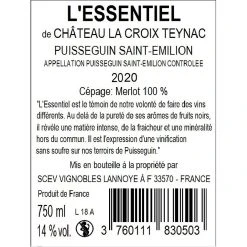 Acheter 🥰 L'Essentiel de Château La Croix Teynac Sans Sulfites Ajoutés, 2020 - Puisseguin-Saint-Emilion AOP - Rouge - 75 cl 👏 -Boissons Soldes 2024 3760111830503 2