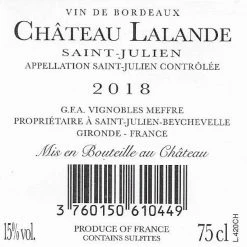 Meilleure affaire 🤩 Château Lalande , 2018 - Saint-Julien AOP - Rouge - 75 cl 👍 -Boissons Soldes 2024 3760150610449 2