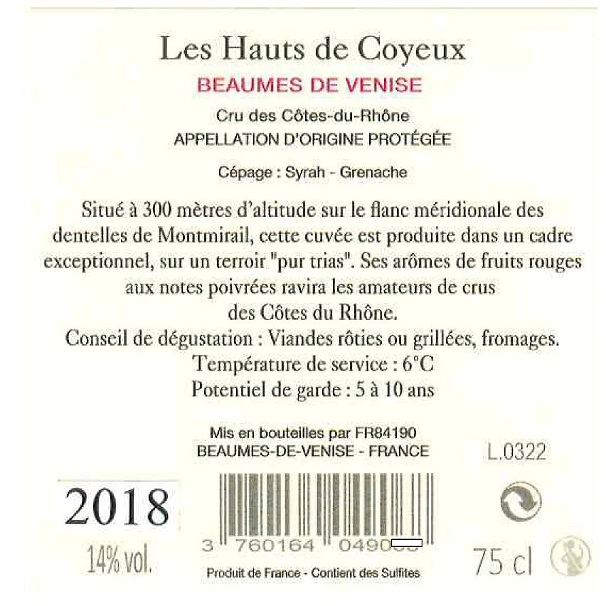 Les Hauts de Coyeux, 2018 - Beaumes-de-Venise AOP - Rouge - 75 cl Meilleur prix 🥰 Les Hauts de Coyeux, 2018 - Beaumes-de-Venise AOP - Rouge - 75 cl ✨ -Boissons Soldes 2024 3760164049075 2