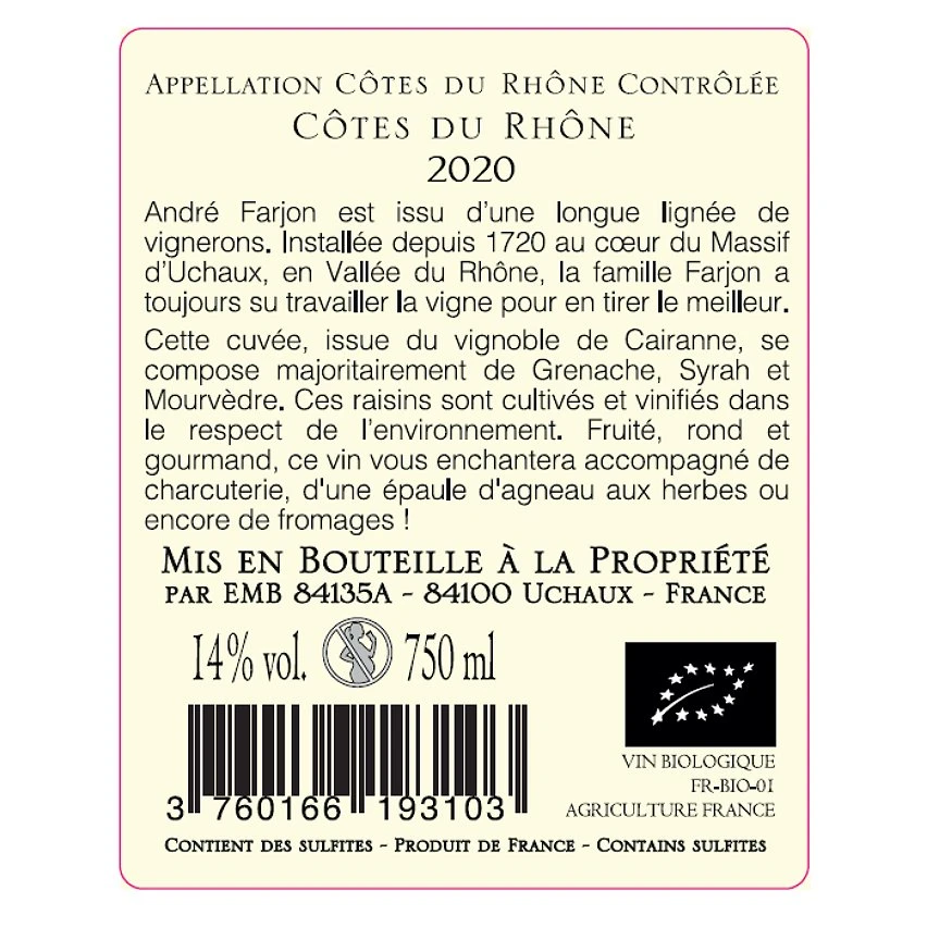 Vignobles André Farjon BIO, 2020 - Côtes du Rhône AOP - Rouge - 75 cl Meilleur prix 👏 Vignobles André Farjon BIO, 2020 - Côtes du Rhône AOP - Rouge - 75 cl 👍 -Boissons Soldes 2024 3760166193103 2