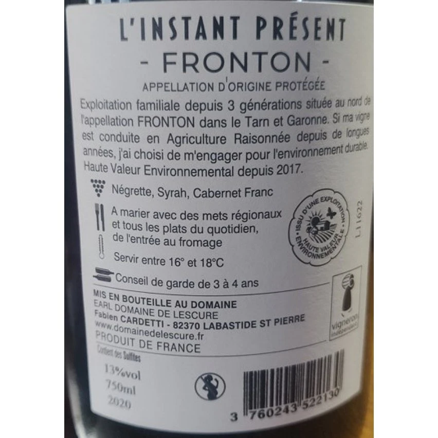 Domaine de Lescure L'Instant Présent, 2020 - Fronton AOP - Rouge - 75 cl Meilleur prix 👍 Domaine de Lescure L'Instant Présent, 2020 - Fronton AOP - Rouge - 75 cl ❤️ -Boissons Soldes 2024 3760243522130 2
