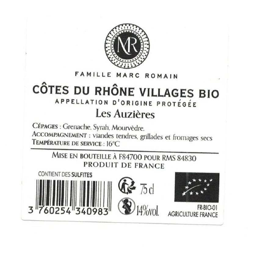 Famille Marc Romain Les Auzières BIO, 2021 - Côtes du Rhône AOP - Rouge - 75 cl Coupon 🎉 Famille Marc Romain Les Auzières BIO, 2021 - Côtes du Rhône AOP - Rouge - 75 cl ❤️ -Boissons Soldes 2024 3760254340983 2