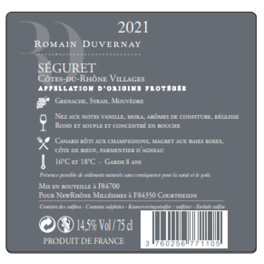Romain Duvernay, 2021 - Côtes du Rhône Villages Séguret AOP - Rouge - 75 cl Sortie ⌛ Romain Duvernay, 2021 - Côtes du Rhône Villages Séguret AOP - Rouge - 75 cl 💯 -Boissons Soldes 2024 3760256771105 2
