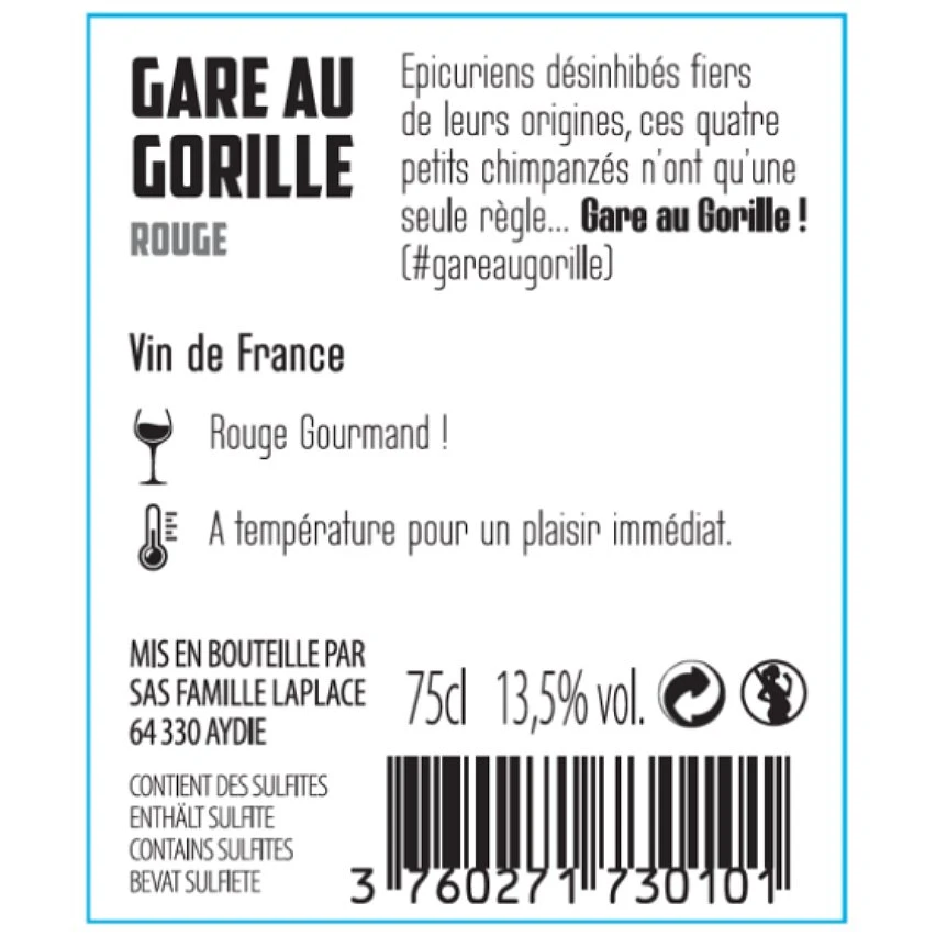 Gare au gorille - Vin de France - Rouge - 75 cl Sortie 👏 Gare au gorille - Vin de France - Rouge - 75 cl 🛒 -Boissons Soldes 2024 3760271730101 2