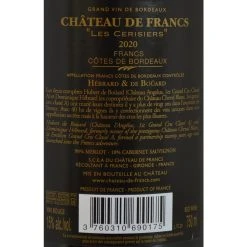 Tout neuf 🥰 Château de Francs Les Cerisiers, 2020 - Francs Côtes de Bordeaux AOP - Rouge - 75 cl ⭐ -Boissons Soldes 2024 3760310690175 2