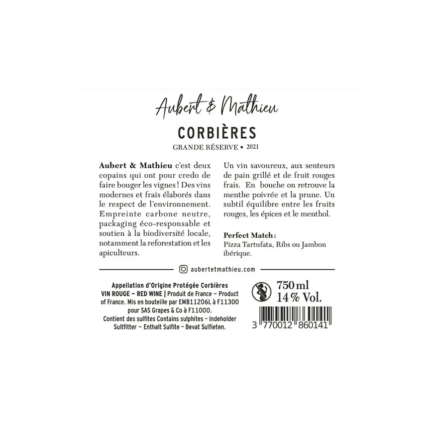 Aubert & Mathieu Grande Réserve, 2021 - Corbières AOP - Rouge - 75 cl Les meilleures critiques de 💯 Aubert & Mathieu Grande Réserve, 2021 - Corbières AOP - Rouge - 75 cl ⭐ -Boissons Soldes 2024 3770012860141 3