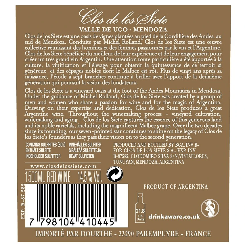 Magnum Clos de los Siete - By Michel Rolland, 2019 - Argentine - Rouge - 1.5 L Les meilleures critiques de 🎁 Magnum Clos de los Siete - By Michel Rolland, 2019 - Argentine - Rouge - 1.5 L 👏 -Boissons Soldes 2024 7798104410445 2